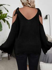 SHEIN LUNE Plus Size Solid Color Tie Front Open Shoulder Long Sleeve Casual Pullover Sweater Top Knit Pullover Fall Winter Autumn - Black - View 2