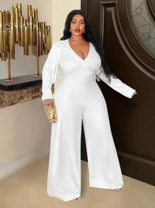 Slaydiva 大码优雅奢华 V 领长袖流苏阔腿连体裤 - 白色，秋冬 - 白色 - 查看 1