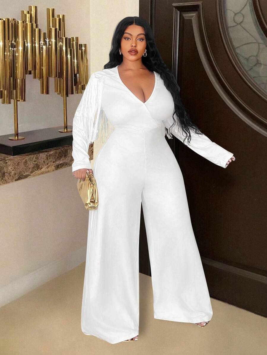 Slaydiva 大码优雅奢华 V 领长袖流苏阔腿连体裤 - 白色，秋冬 - 白色 - 查看 1