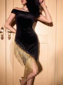 Vintamour 复古优雅女式天鹅绒水钻缀饰流苏露肩不对称下摆紧身派对鸡尾酒晚礼服飞来波女郎连衣裙了不起的盖茨比连衣裙 20 年代复古感恩节女装黑色返校节连衣裙圣诞女装性感黑色连衣裙秋季女装圣诞女装黑色迷你连衣裙女装黑色紧身连衣裙秋季连衣裙派对女装性感连衣裙冬季女装 - 黑色 - 查看 6