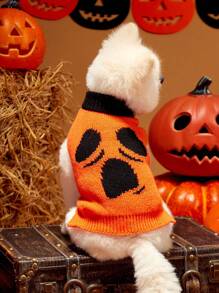 PETSIN 1pc Pet Halloween Frightening Expression Orange Black Color Blocking Warm Cozy Dog Sweater - Multicolor - View 3
