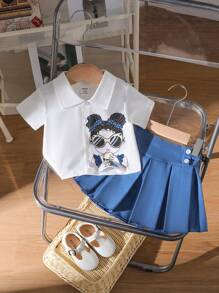 SHEIN 女宝宝时尚太阳镜印花短衬衫搭配百褶裙套装，适合夏季休闲外出、购物、摄影 - 藍色 - 查看 1