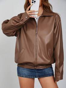 SHEIN ICON Áo khoác PU đen có khóa kéo thả vai - màu nâu - Xem 5