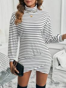 SHEIN LUNE 女式休闲高领落肩长袖黑白条纹紧身迷你连衣裙，春夏 - 黑與白 - 查看 4