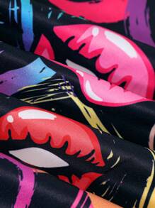 Plus-Size Women's Lip Pattern Printed Long Casual Jacket - Multicolor - View 7