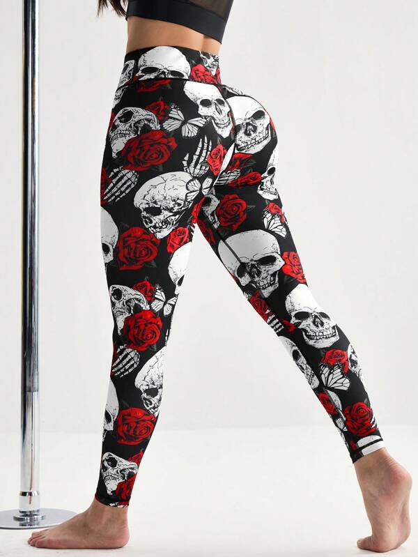 Menodora SHEIN Sport Leggings/pantalones de yoga con estampado floral de calavera para mujeres