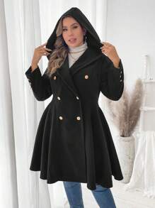 Flirla Plus Size Solid Color Button Front Long Sleeve Hooded Coat Top, Casual Daily Wear