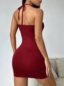 SHEIN EZwear Cowl Neck Back Draped Bodycon Mini Dress - Burgundy - View 2