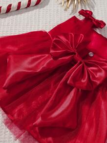 SHEIN 新生女婴 100 天红色蕾丝连衣裙（带头带）摄影连衣裙套装 - 紅色 - 查看 7