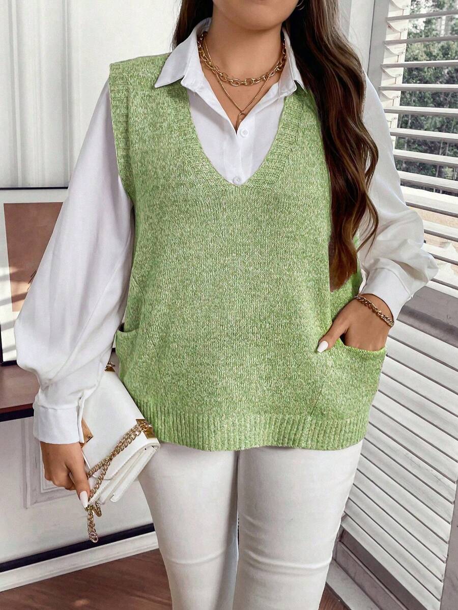 SHEIN Clasi 大码春秋休闲双口袋毛衣背心 - 綠色 - 查看 1