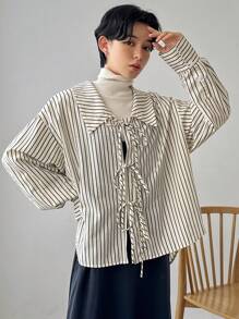 FRIFUL Áo cánh rộng rãi tay dài kẻ sọc thả vai thường ngày cho nữ, mùa xuân thu - trắng - Xem 5