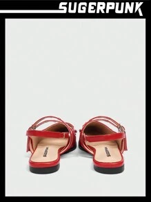 Sugerpunk Women's Red PU + Rhinestone Embellished Pointed Toe Flats - Red - View 4