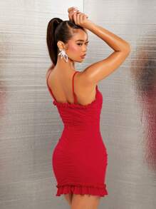 SHEIN SXY Vestido festivo com recorte de renda e guarnição de coelho feminino fantasia sexy mini saia vermelha feminina - Vermelho - Ver 2
