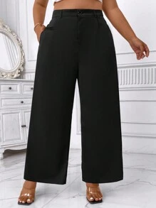 SHEIN Unity 女士加大码高腰口袋阔腿裤，优雅套装 - 黑色 - 查看 1