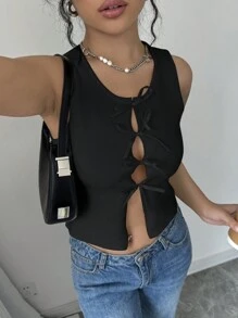 SHEIN Frenchy 女士春秋纯色系带镂空无袖性感针织上衣 - 黑色 - 查看 3