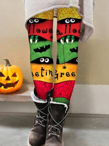 SHEIN LUNE Plus Size Halloween Style Bat & Colorful Striped Print Skinny Leggings - Multicolor - View 3
