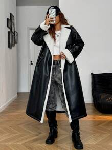 SHEIN EZwear Fashionable Thermal Lined Long Coat For Autumn/Winter - Black - View 6