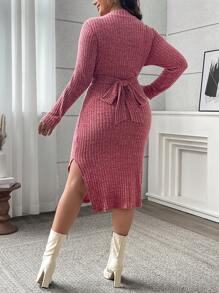 Flirla Plus Size Women's Spring & Autumn Solid Color Round Neck Long Sleeve Cross Waist Side Slit Hem Fitted Dress Fall Cloth For Women - Hot Pink - View 2