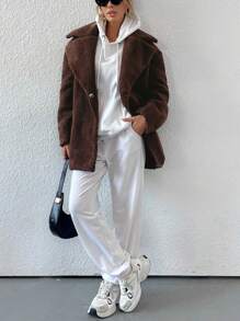 EMERY ROSE 毛绒绒翻领中长款大衣 蓬松保暖冬季外套夹克 - 棕色 - 查看 3