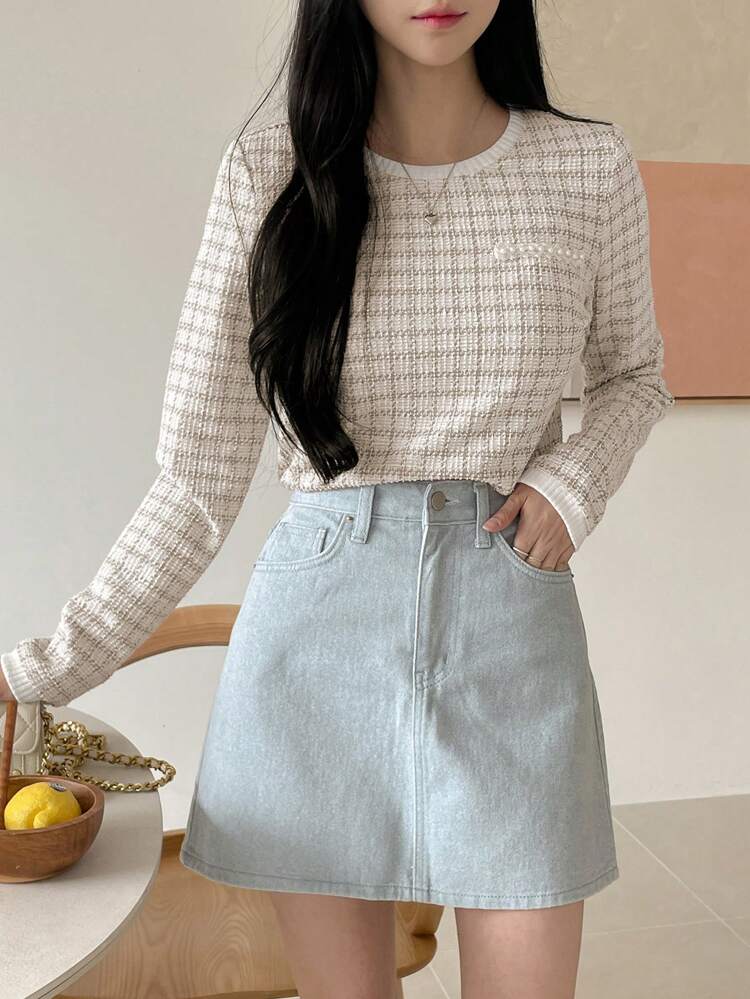 Women's Solid Color Splice Round Neck Long Sleeve Casual T-Shirt Preppy Tops Plaid