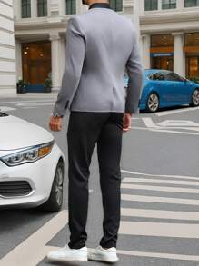 Manfinity Mode 2pcs Men's Casual Contrast Color Lapel Collar Long Sleeve Blazer Jacket And Pants Set, Spring Autumn,Gifts For Boyfriend - Grey - View 2