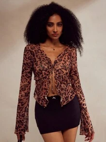 Forever 21 Modische Bluse mit Leoparden Muster und Netzstoff, Vorderbindung, für Frühling & Sommer