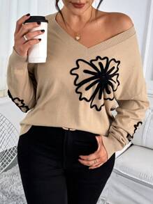 EMERY ROSE 大码女式杏色花卉刺绣 V 领休闲套头毛衣，适合日常和家居穿着，适合冬季 - 杏色 - 查看 7