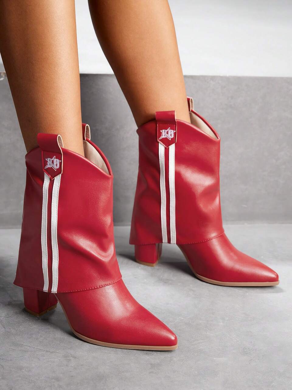 CUCCOO SZL Pointed Toe Thick Heel Red Slip-On Ankle Boots, Bicolor Ladies Booties Disco Party Baddie Spring Shoes Spring Break Easter For Christmas