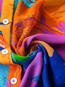 Breezaya 女士节日花卉印花短款泡泡袖宽松休闲衬衫 - 藍色 - 查看 4