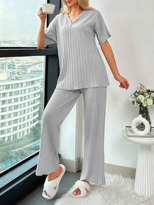 RueChic 2Pcs/Women's Button Details And Lettuce Trim Detail Homewear Lounge Set - Light Grey - View 5