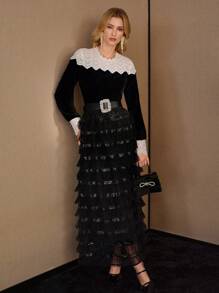 MOTF PREMIUM VELVET CONTRAST LACE YOKE BLOUSE - Black - View 2
