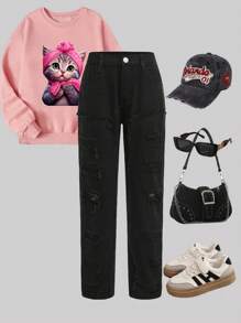 Jeans dritti con orlo sfrangiato e rovinato, in stile casual da strada Y2K, colore nero tinta unita, per ragazze adolescenti - nero - Visualizzare 3