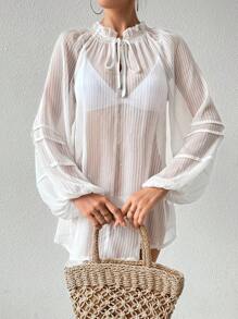 SHEIN Swim Women's Chiffon Striped Loose Long Sleeve Mid-Length Vacation Beach Coverup With Ruffle Collar Design Summer