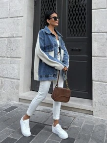 RueChic Denim Jacket With Knitwear Detail Outwear Fall Winter - Apricot - View 5