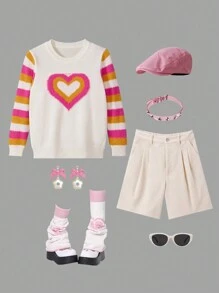 Suéter de niñas con  de color gruesos, patrón de corazón a rayas, apropiado para salidas y fiestas, nueva llegada de otoño/invierno - Blanco - Ver 1