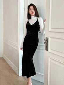 DAZY Women's Elegant Thermal Lined Solid Color Spaghetti Strap Midi Dress, Autumn