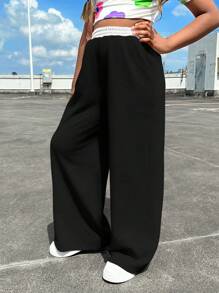 SHEIN Tween Girl Street-Style Ribbed Waistline Contrast-Color Casual Sweatpants - Black - View 2