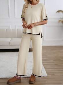 女士时尚撞色滚边针织圆领落肩短袖上衣搭配阔腿裤休闲套装 夏季 - 杏色 - 查看 3