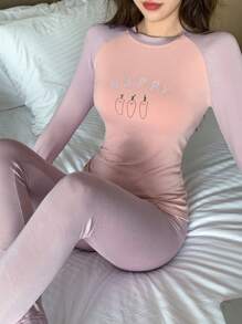 DAZY Cute Cartoon Pattern Raglan Sleeve Fitted Pajama Set - Pink - View 1