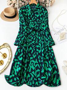 DreamSkyne 大码女式豹纹长袖休闲连衣裙，春秋季长款女装 - 彩色 - 查看 1
