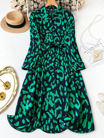 DreamSkyne Plus Size Dam Leopard Print Långärmad Casual Klänning, Vår/Höst Maxi Dam Outfit