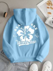 Tween Girl Floral & Letter Print Fleece Sweatshirt For Vacation - Blue - View 3