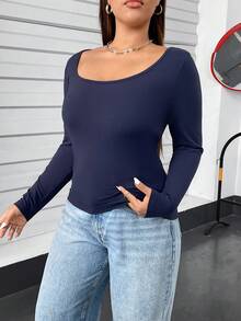 SHEIN Essnce 大码女装新款时尚秋季女士连衣裙休闲通勤打底衫大 U 领大圆领海军蓝长袖紧身 T 恤 - 藏蓝色 - 查看 5