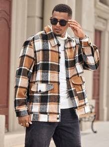 Manfinity Homme Chaqueta informal de manga larga con bolsillo y botones delanteros a cuadros para hombres de talla grande