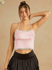 SHEIN Haute الكامي المحصور الثنائي المرقعة من الدانتيل - وردي - مشاهدة 5