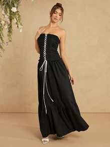 L'Amorae Đầm hở vai dây chéo thanh lịch - màu đen - Xem 3