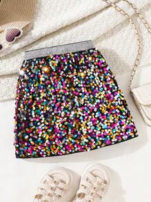 SHEIN Young Girl's And Young Girl's Sequin Decorated Party Skirt, Suitable For Autumn Party Wear, For Christmas
