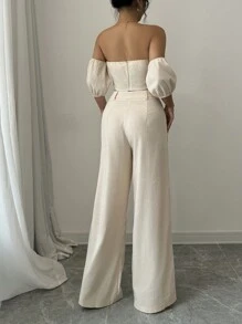 Selianne 2-Piece Set: 3D Flower Decor Off Shoulder Top And Pants - Apricot - View 2