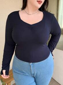 Dazy Plus Plus Size Solid Color Sweetheart Neck Slim-Fit Base Layer T-Shirt,Fall Clothes - Navy Blue - View 5