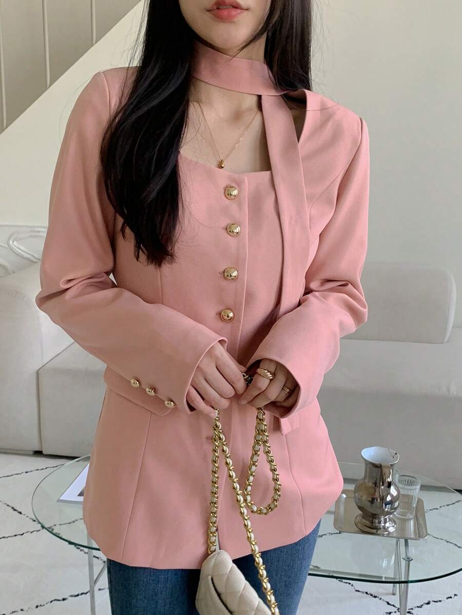 DAZY 女士春秋季单排扣长袖优雅纯色夹克,秋季女装 - 粉色 - 查看 1